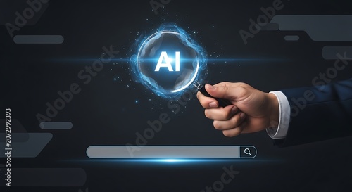 Businessman interacting with artificial intelligence interface on dark background