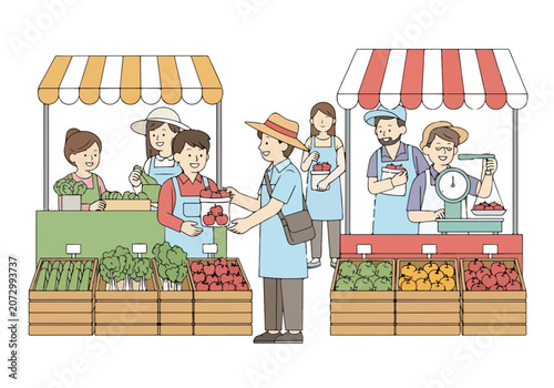A farmer's market scene with vendors and customers