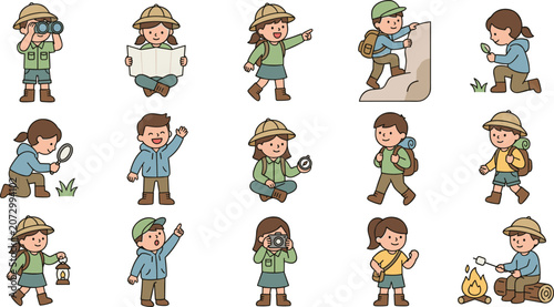 Cute cartoon kids hiking and camping character set with outline symbols for rock climbing, reading maps, roasting marshmallows, and exploring nature