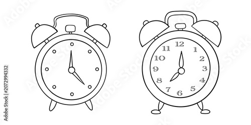 Hand-drawn illustration of an alarm clock designed as a black and white outline for coloring pages. Simple and detailed clock drawing in a clean sketch style