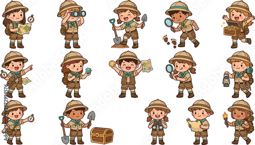 Cute kawaii cartoon safari kid character set finding hidden treasure chests, diamonds, and gold coins using ancient adventure scrolls and shovels