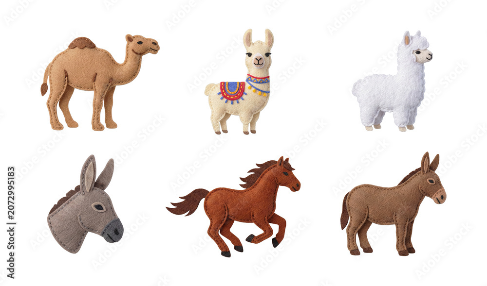 Fototapeta premium Set of six cute animals made of felt fabric featuring a camel llama alpaca donkey and horse for various decorative craft projects