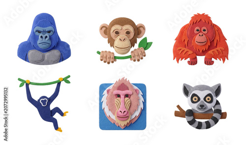 Photography Set of six charming monkey and primate character icons crafted from high-quality