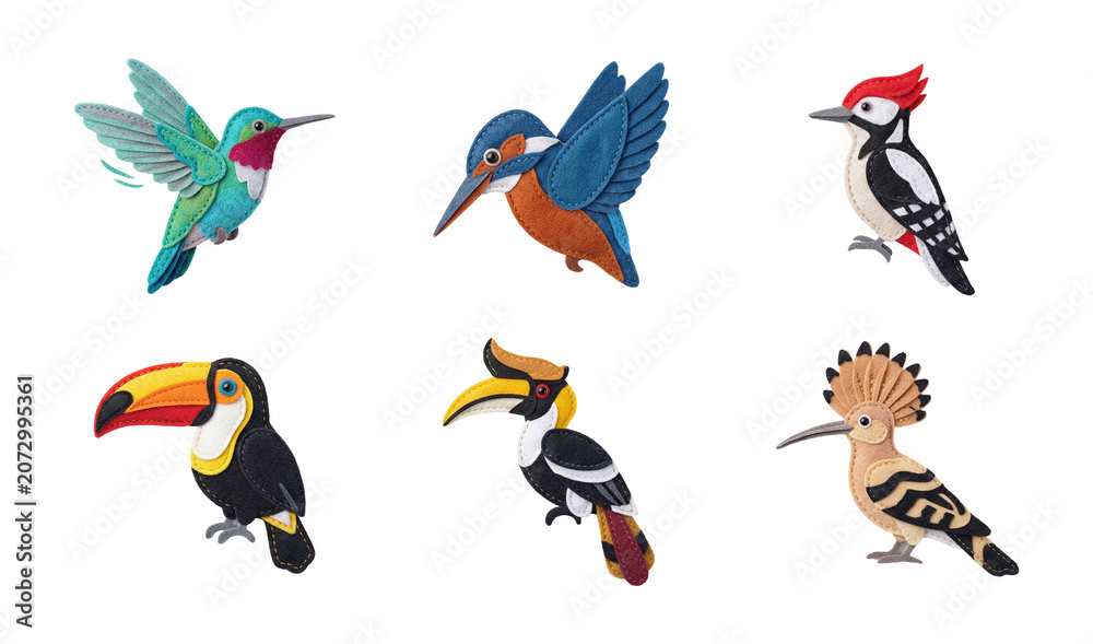 Fototapeta premium Exquisite Felt Fabric Bird Illustrations Set Featuring Hummingbird Kingfisher Woodpecker Toucan Hornbill and Hoopoe Decorative Icons