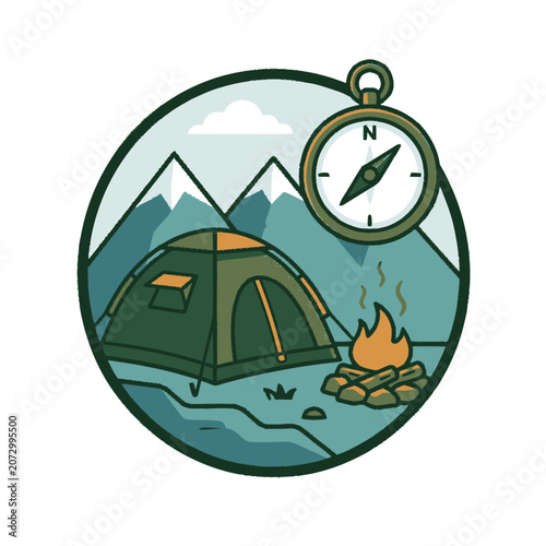 Camping Adventure Icon: Tent, Campfire, Mountains, Compass