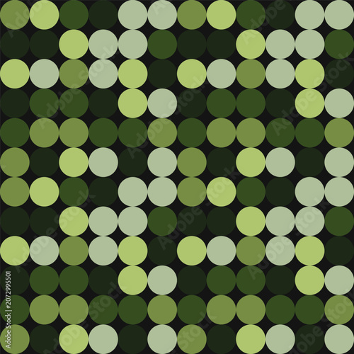 Digital camo vector background, abstract green khaki circle tile pattern. Abstract military pixelated circle camouflage texture for textile and print.