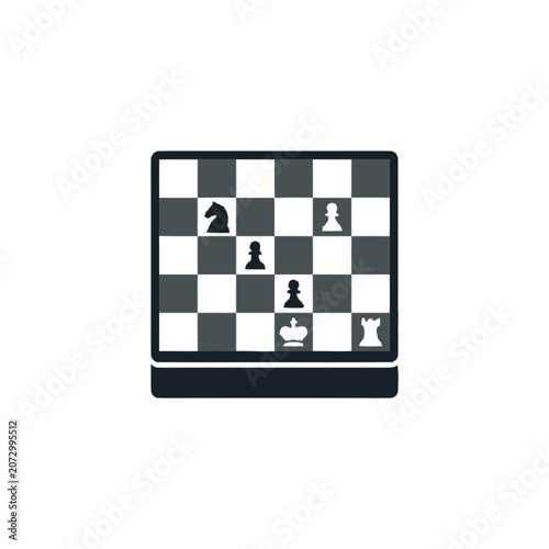 Chessboard with strategic pieces, king, rook, knight, pawns, checkmate concept, strategy game