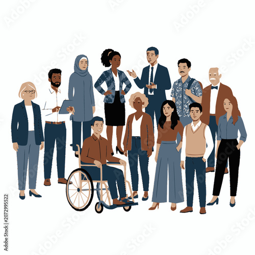 Diverse group of professionals in a meeting, including people with disabilities and different ethnicities.