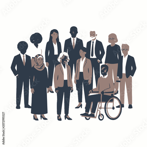 Diverse group of people, including elderly and disabled, in business attire, standing together