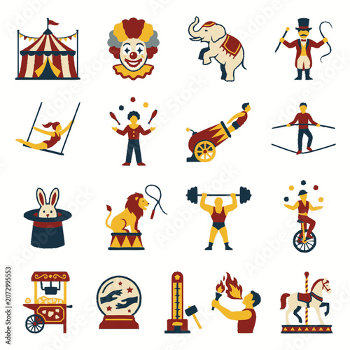 Circus Icons: Performance, Animals, and Attractions - Flat Design