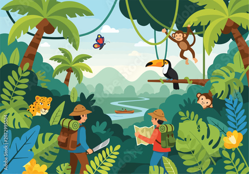 Canvas Print A jungle scene with explorers and exotic animals