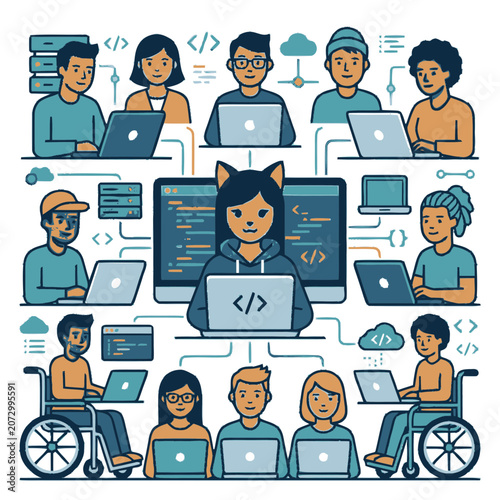 Diverse Team Collaborating on Software Development Project with Cat Coder