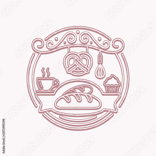 Bakery Icon: Pretzel, Bread, Muffin, Coffee Cup & Whisk - Vintage Line Art