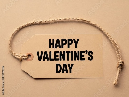 Happy valentines day text on a brown paper tag with string, isolated on a light brown background