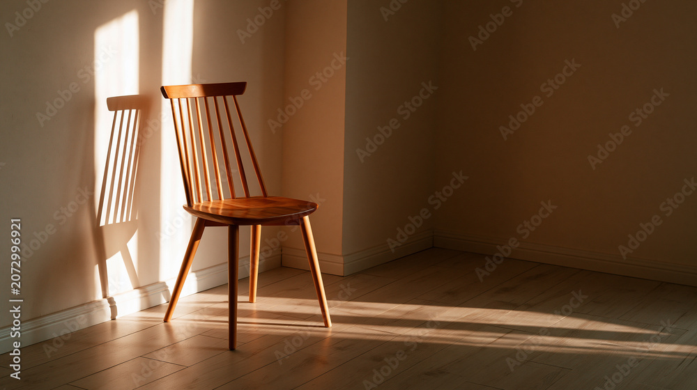 Fototapeta premium Minimalist wooden chair in warm morning sunlight