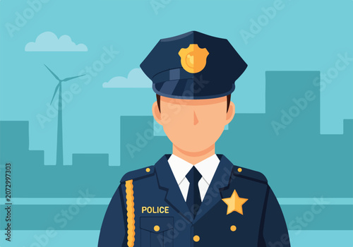 Tableau sur toile A police officer in uniform with a cityscape background