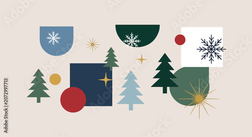 A festive Christmas graphic with trees, snowflakes, and stars