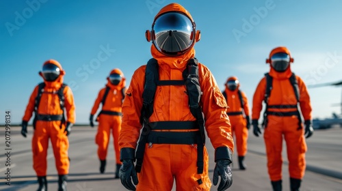 Team of astronauts dressed in bright orange space suits getting ready for launch on a sunny day at the space center