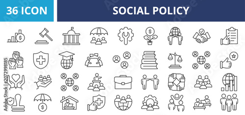 Social policy web banner icon set outline vector illustrations concept with icon social, policy, strategy, concept, governance, business, support