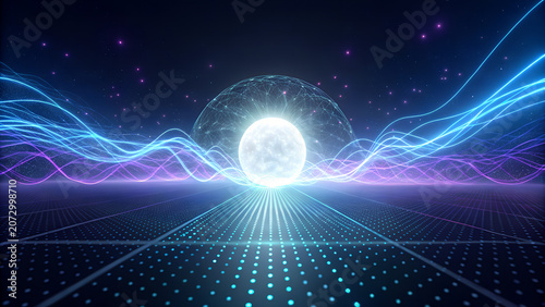 Powerful Neon Energy Wave Rising from a Digital Grid with Glowing Core and Particle Effects Abstract Technology Concept Art Futuristic Cyber Background High Res