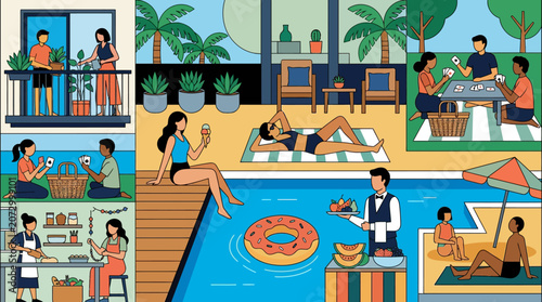 Fotografie Flat vector collage of summer leisure activities including swimming, picnicking, gardening, and sunbathing at a resort