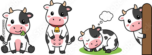 Cute cartoon cow characters collection with funny poses, farm animals, adorable dairy cattle vector illustration isolated on white background