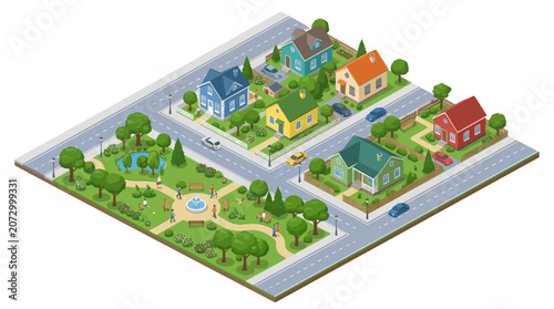 Colorful isometric illustration of a charming neighborhood with lush park and cozy houses in a peaceful suburb setting
