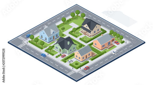 isometric suburban neighborhood with residential houses, greenery, trees, roads, and parked cars emphasizing community living