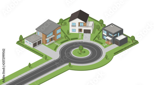 A modern residential neighborhood with diverse architectural styles and green landscaping surrounding a circular driveway for