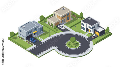 Modern suburban neighborhood with contemporary houses and well-maintained lawns featuring a circular driveway and small green