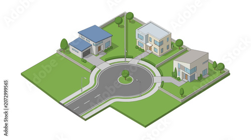 isometric suburban neighborhood with modern detached houses and landscaped greenery in a circular street arrangement