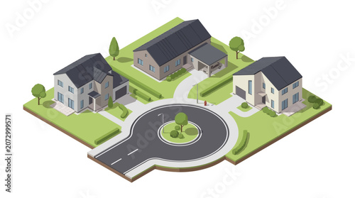 Modern suburban neighborhood featuring three contemporary houses around a circular driveway with lush green trees and
