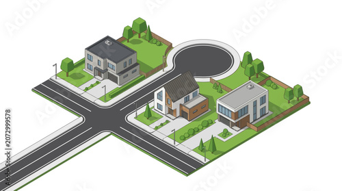 Modern suburban residential neighborhood with diverse house designs and landscaped gardens in a peaceful community setting