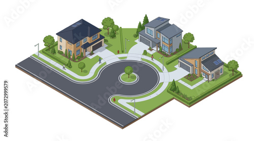 Illustration of a modern suburban neighborhood featuring three distinct houses with lush greenery and a circular central park area