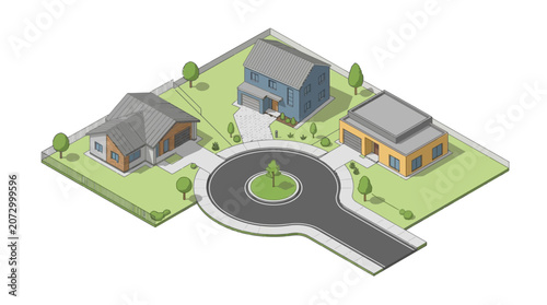 Modern residential neighborhood with three distinct houses surrounded by green lawns and trees in a contemporary suburban layout