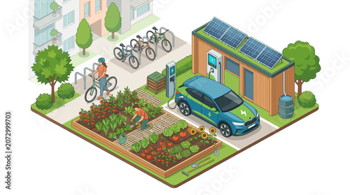 eco-friendly community garden with solar panels bike parking and electric vehicle charging station in an urban setting