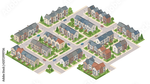 illustration of a modern suburban neighborhood with diverse residential houses and green landscaped lawns