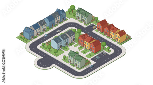 Colorful suburban neighborhood with diverse houses and surrounding greenery illustrating community living and residential