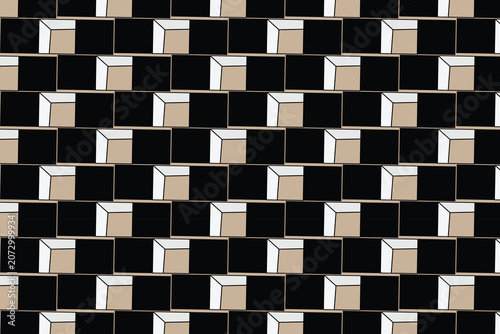 Geometric 3D cube pattern background, abstract black and beige isometric tile vector, modern architectural mosaic texture for interior design