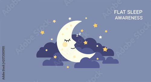 Quadro su tela A smiling crescent moon sleeps on clouds and stars