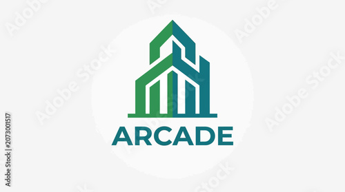 A modern green and blue logo of buildings is displayed on a white background