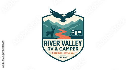 A logo features mountains, an eagle, deer, and camper in River Valley.