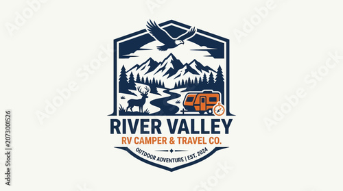 Travel company logo features mountains and RV on scenic landscape