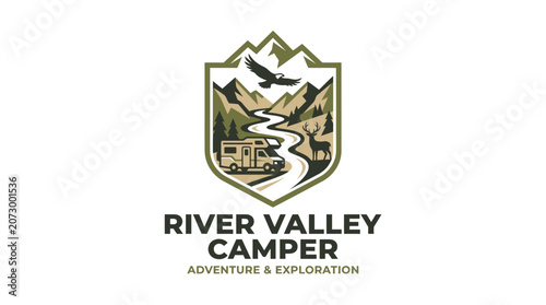 A scenic logo illustration of a camper in a mountainous landscape with a river and wildlife
