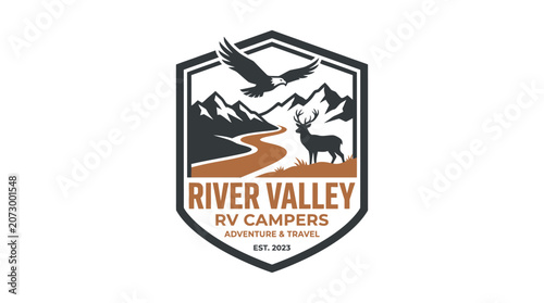 Logo of River Valley RV Campers features mountains, deer, and eagle in flight.