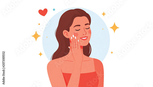 Woman applying facial cream on face.
