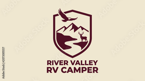A scenic logo illustration of mountains, river, deer, and bird in shield shape