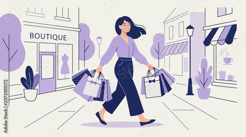 Woman walks down shopping street carrying multiple bags from boutique stores