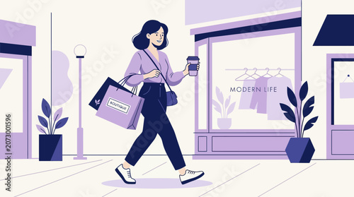 Woman walks down urban street with coffee and shopping bag in city