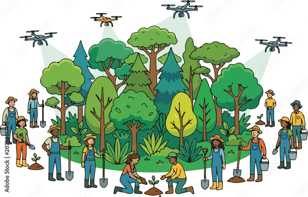 Fototapeta premium Drones monitoring a group of diverse volunteers planting trees in a lush forest for environmental conservation and reforestation